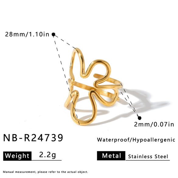 Women's Stainless Steel Vintage Flower Ring With Adjustable Open Band Simple Stylish Vacuum Plated Statement Jewelry