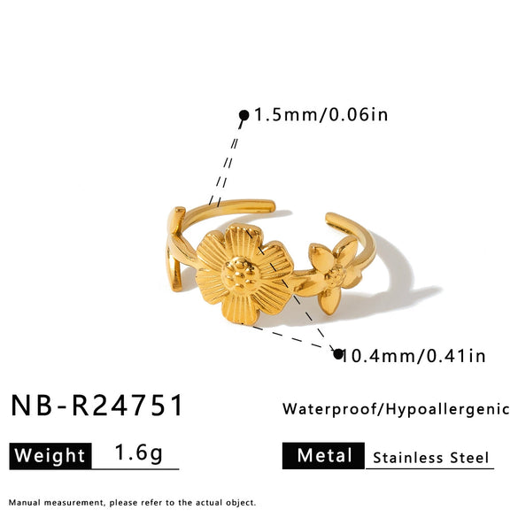 Women's Stainless Steel Vintage Flower Ring With Adjustable Open Band Simple Stylish Vacuum Plated Statement Jewelry