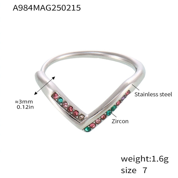 Women's 316L Stainless Steel Vshaped Light Luxury Geometric Ring With Diamond And 5A Zircon Electroplated