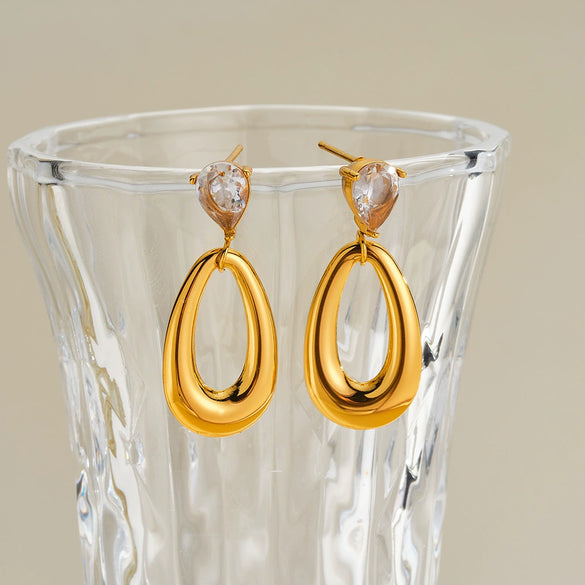 Women's Stainless Steel Water Drop Earrings With Zircon Inlay And 18K Vacuum Plating Simple Geometric Style