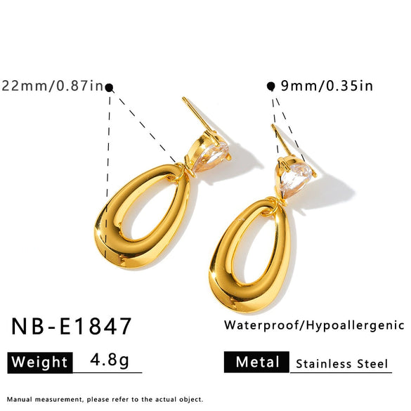 Women's Stainless Steel Water Drop Earrings With Zircon Inlay And 18K Vacuum Plating Simple Geometric Style