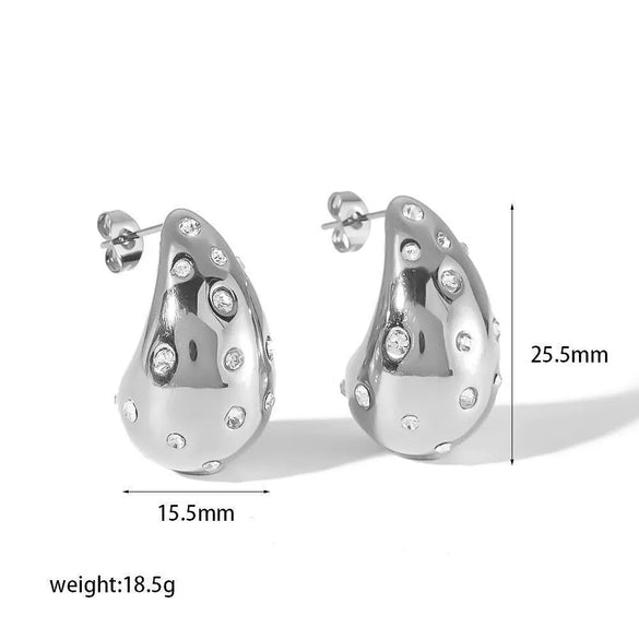 Women's Stainless Steel Water Drop Hoop Earrings With Vacuum Gold Plating And Diamond Encrusted Geometric Light Luxury Design