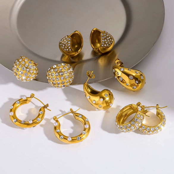 Women's Stainless Steel Water Drop Hoop Earrings With Vacuum Gold Plating And Diamond Encrusted Geometric Light Luxury Design