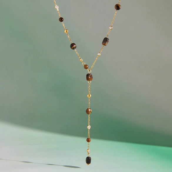 Women's Stainless Steel Yshaped Necklace With Geometric Cross Pendant And Tiger Eye Stone Pvd Vacuum Gold Plated Chain