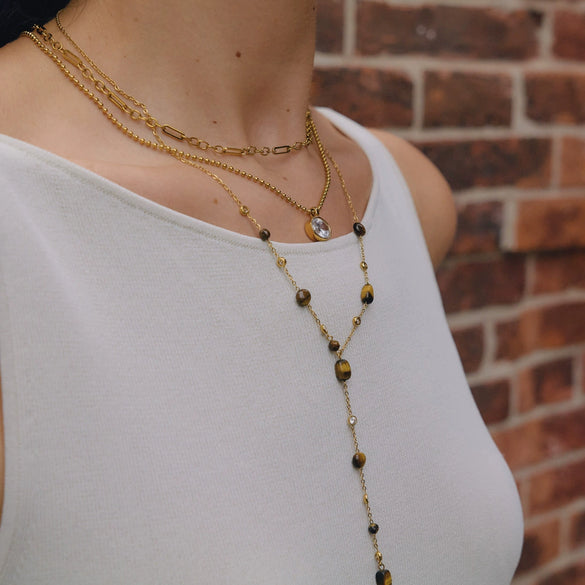 Women's Stainless Steel Yshaped Necklace With Geometric Cross Pendant And Tiger Eye Stone Pvd Vacuum Gold Plated Chain