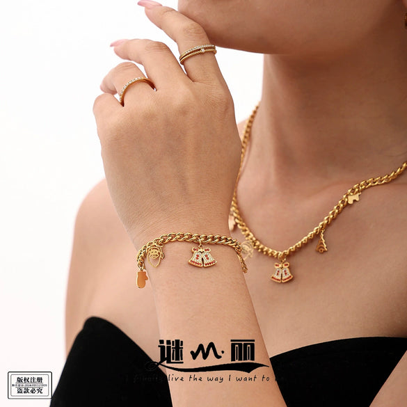 Women's Stainless Steel Zircon Bell Necklace And Bracelet Set With Electroplated Light Luxury Design