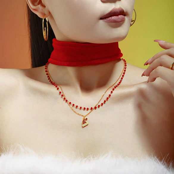 Women's Stainless Steel Zircon Christmas Hat Pendant Double Layer Necklace And Bracelet Set With Electroplated Finish