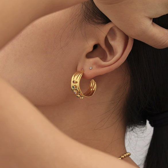 Women's 316L Stainless Steel Zircon Cshaped Earrings Plated 18K True Gold Color Preservation Fashion Geometric Jewelry