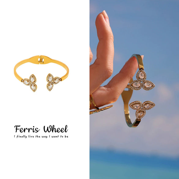 Women's Stainless Steel Zircon Ferris Wheel Water Drop Petals Open Bracelet Pvd Vacuum Gold Plated Electroplated Fashion Plants Flowers Style