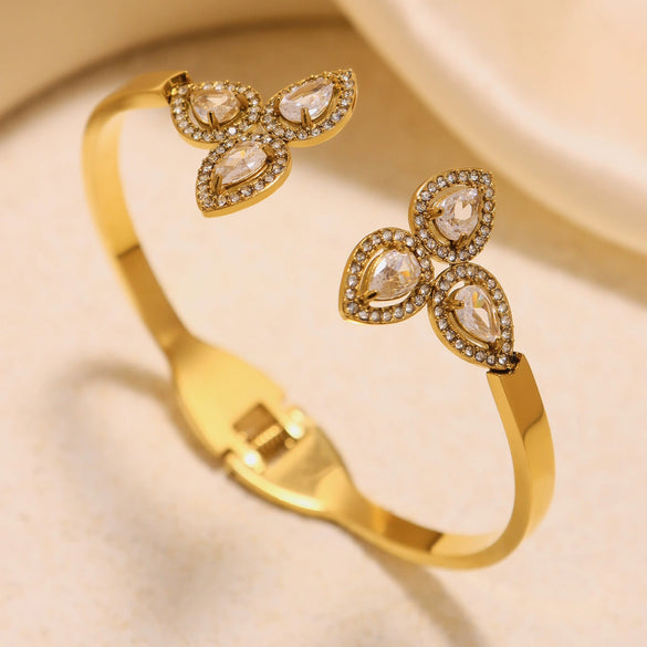 Women's Stainless Steel Zircon Ferris Wheel Water Drop Petals Open Bracelet Pvd Vacuum Gold Plated Electroplated Fashion Plants Flowers Style