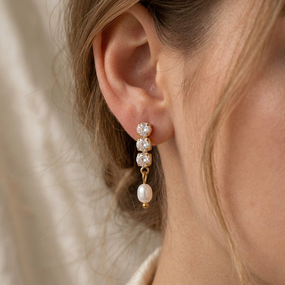 Women's Stainless Steel Zircon Geometric Drop Earrings With Goldplated Pearl Pendants Minimalist Luxury Jewelry