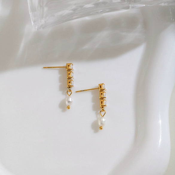 Women's Stainless Steel Zircon Geometric Drop Earrings With Goldplated Pearl Pendants Minimalist Luxury Jewelry