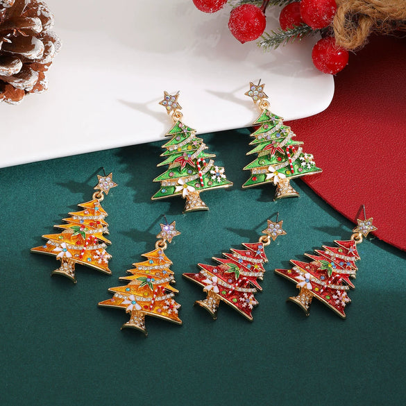 Women's Star And Christmas Tree Earrings Zinc Alloy Geometric Holiday Jewelry With Dripping Oil Finish Light Luxury Party Accessories
