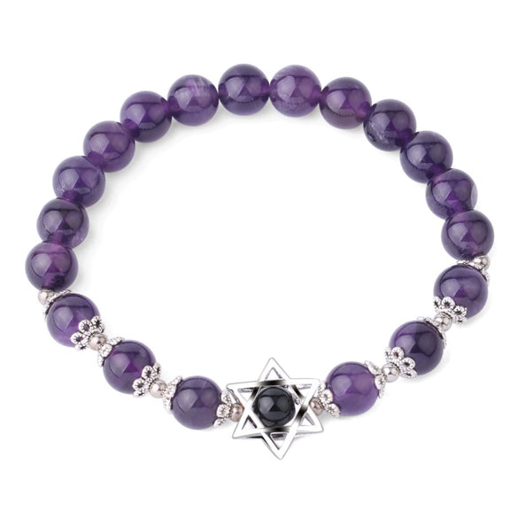 Women's Star Of David Natural Stone Bead Bracelet With Amethyst Cloud Crystal Redwood Grain And Copper Electroplated Minimalist Jewelry