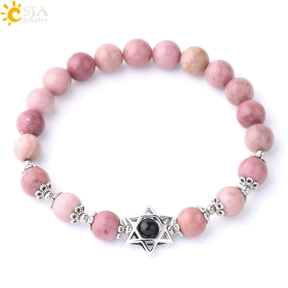 Women's Star Of David Natural Stone Bead Bracelet With Amethyst Cloud Crystal Redwood Grain And Copper Electroplated Minimalist Jewelry
