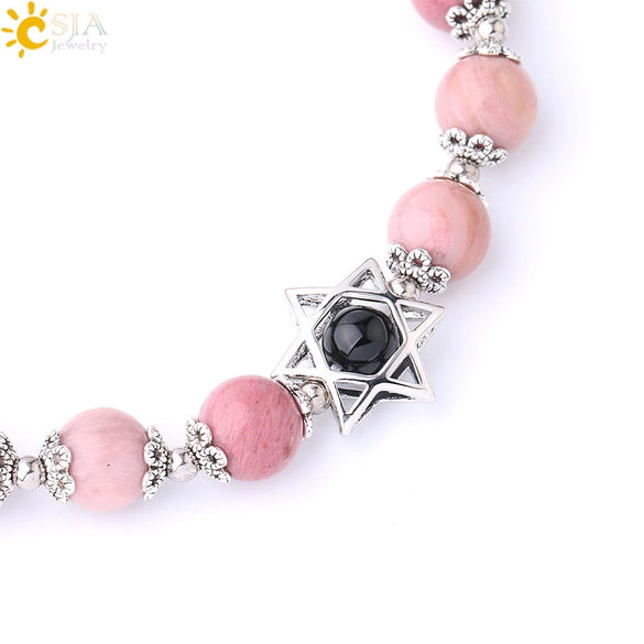 Women's Star Of David Natural Stone Bead Bracelet With Amethyst Cloud Crystal Redwood Grain And Copper Electroplated Minimalist Jewelry