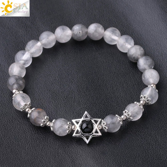 Women's Star Of David Natural Stone Bead Bracelet With Amethyst Cloud Crystal Redwood Grain And Copper Electroplated Minimalist Jewelry