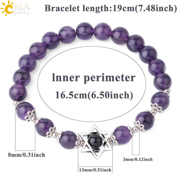 Women's Star Of David Natural Stone Bead Bracelet With Amethyst Cloud Crystal Redwood Grain And Copper Electroplated Minimalist Jewelry