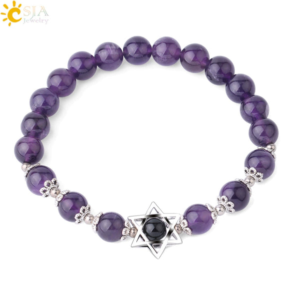 Women's Star Of David Natural Stone Bead Bracelet With Amethyst Cloud Crystal Redwood Grain And Copper Electroplated Minimalist Jewelry
