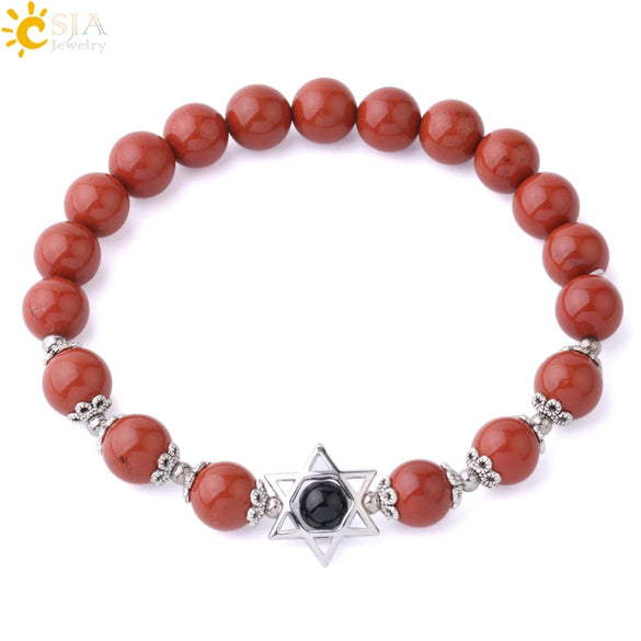 Women's Star Of David Natural Stone Bead Bracelet With Amethyst Cloud Crystal Redwood Grain And Copper Electroplated Minimalist Jewelry
