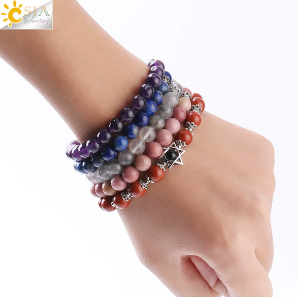 Women's Star Of David Natural Stone Bead Bracelet With Amethyst Cloud Crystal Redwood Grain And Copper Electroplated Minimalist Jewelry