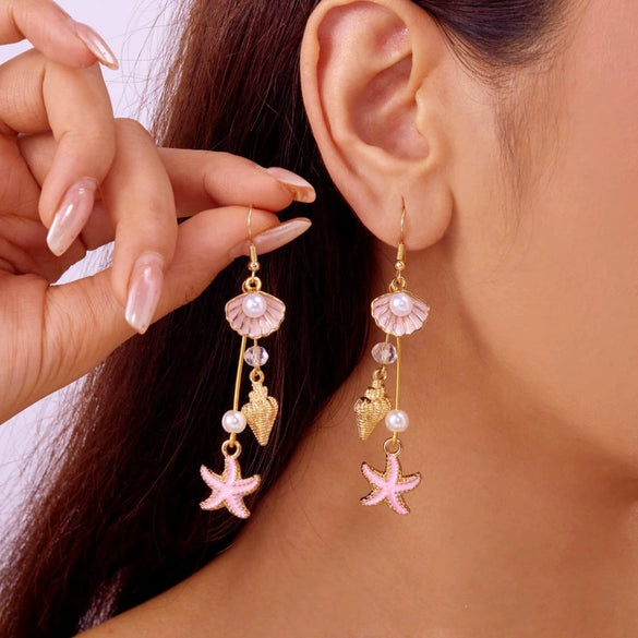 Women's Starfish Shell Tassel Earrings Bohemian Beach Style Alloy Drop Earrings With Stainless Steel Ear Hooks Electroplated Finish