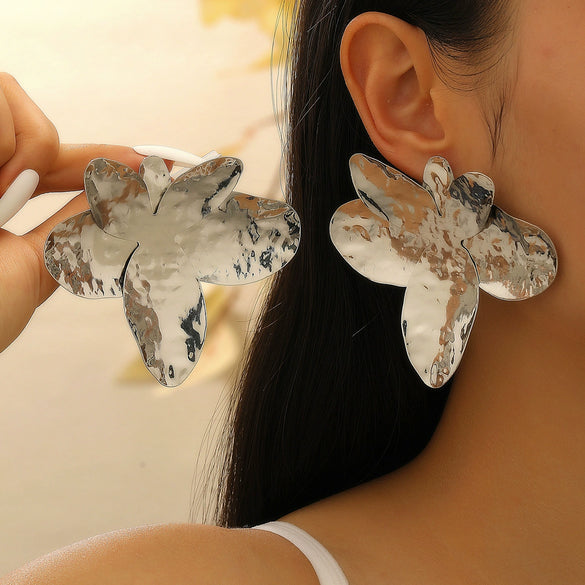Women's Statement Electroplated Alloy Flower Earrings With Asymmetrical Pleated Petal Design