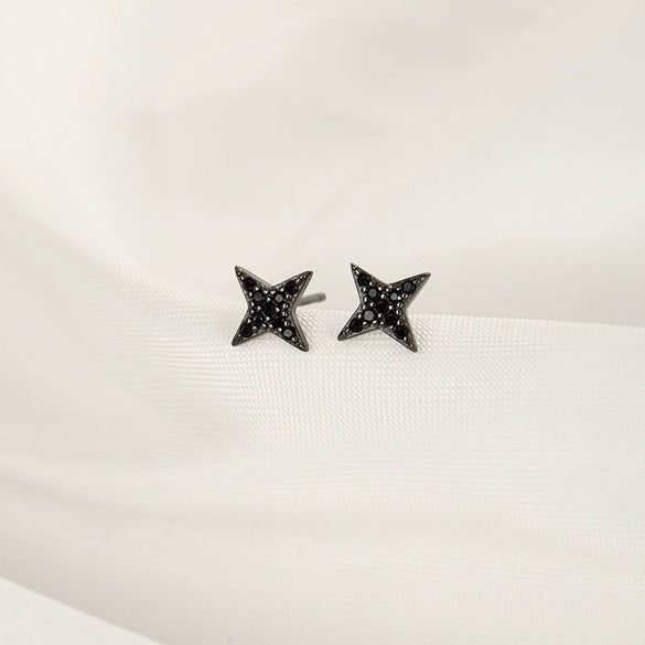 Women's Sterling Silver Black Four Point Star Earrings Geometric Electroplated Design Simple Fashion Jewelry