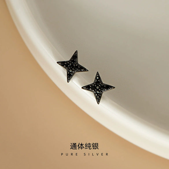 Women's Sterling Silver Black Four Point Star Earrings Geometric Electroplated Design Simple Fashion Jewelry