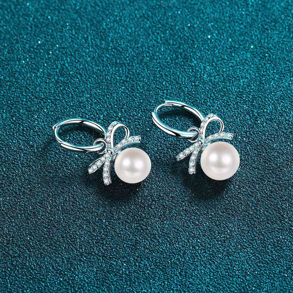 Women's 925 Sterling Silver Bow Earrings With Flawless Freshwater Pearl And Moissanite Electroplated Floral Style