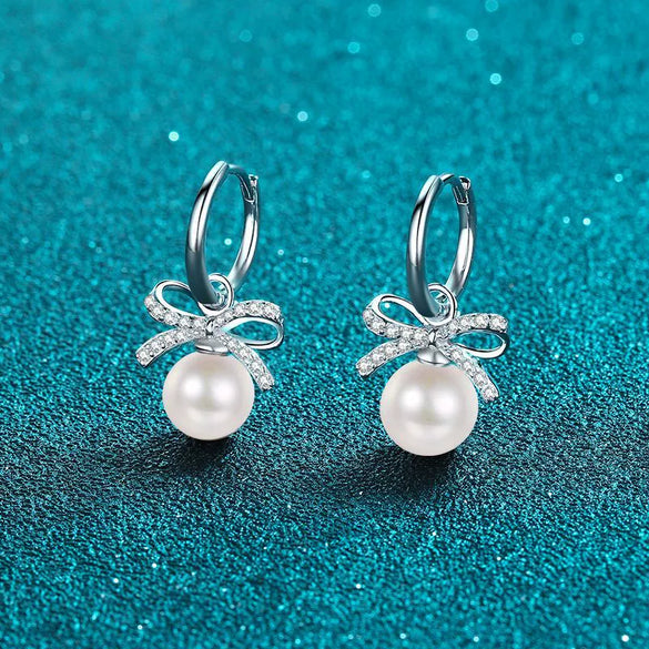 Women's 925 Sterling Silver Bow Earrings With Flawless Freshwater Pearl And Moissanite Electroplated Floral Style