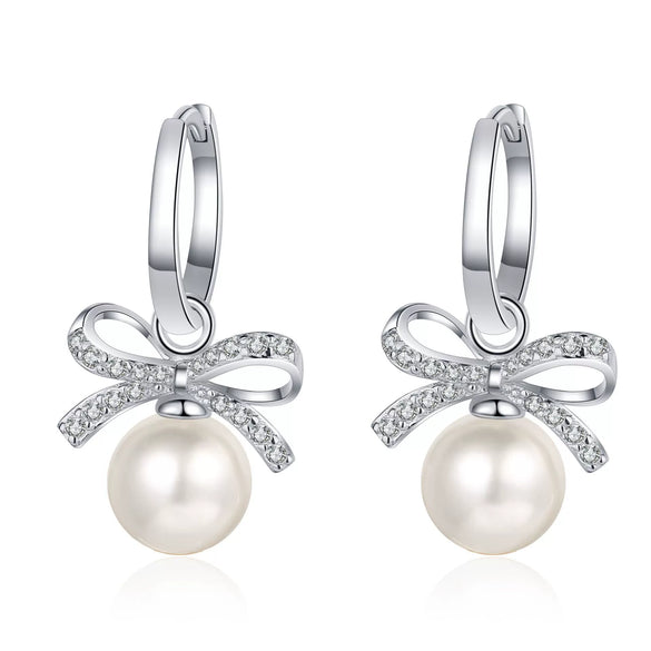Women's 925 Sterling Silver Bow Earrings With Flawless Freshwater Pearl And Moissanite Electroplated Floral Style