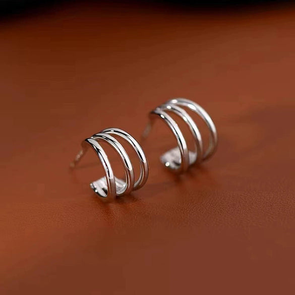 Women's Sterling Silver C Shaped Three Ring Geometric Stud Earrings Light Luxury Simple Cold Style