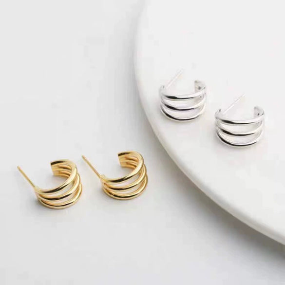 Women's Sterling Silver C Shaped Three Ring Geometric Stud Earrings Light Luxury Simple Cold Style
