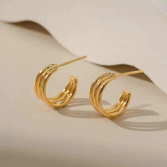 Women's Sterling Silver C Shaped Three Ring Geometric Stud Earrings Light Luxury Simple Cold Style