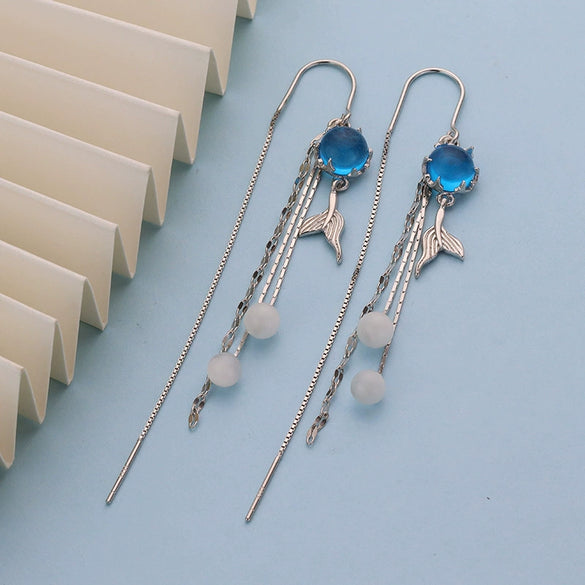 Women's Sterling Silver Cat's Eye Long Tassel Earrings Light Luxury Geometric Fishtail Ear Thread Earrings