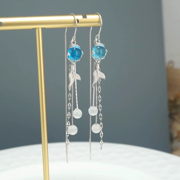 Women's Sterling Silver Cat's Eye Long Tassel Earrings Light Luxury Geometric Fishtail Ear Thread Earrings