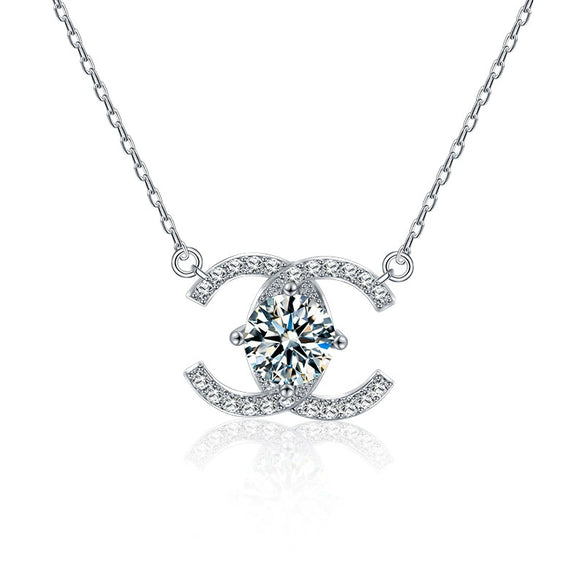 Women's Sterling Silver Cross Chain Necklace With Geometric Moissanite Pendant And Diamond Design