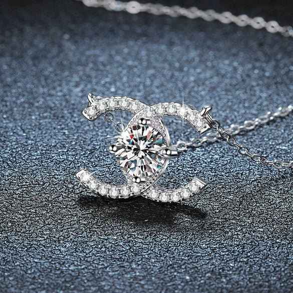 Women's Sterling Silver Cross Chain Necklace With Geometric Moissanite Pendant And Diamond Design