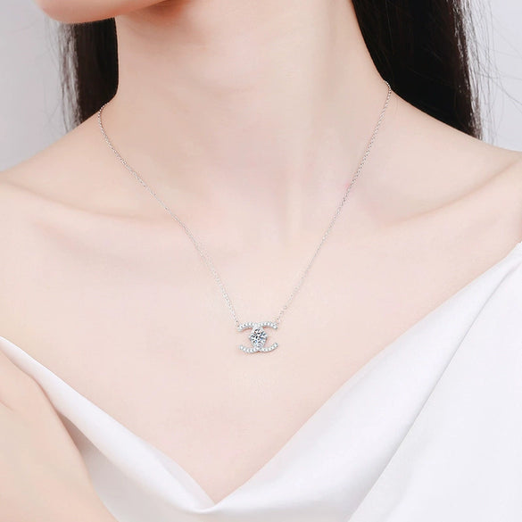Women's Sterling Silver Cross Chain Necklace With Geometric Moissanite Pendant And Diamond Design