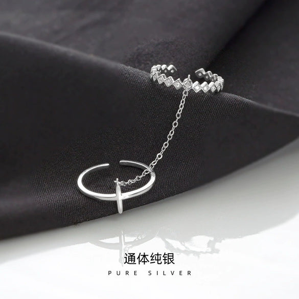 Women's Sterling Silver Cross Chain Open Ring With Electroplated Finish And Adjustable Statement Design