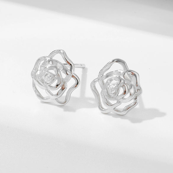 Women's Sterling Silver Cut Out Rose Earrings With Diamond Treatment And Flower Pattern In Light Luxury Style