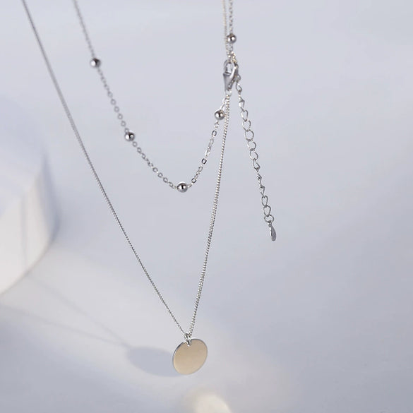 Women's 925 Sterling Silver Double Layer Geometric Round Pendant Necklace With Electroplated Finish Simple Choker Clavicle Chain