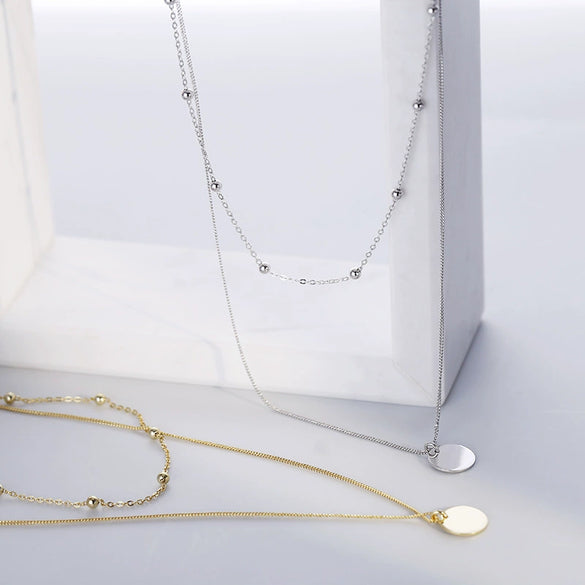 Women's 925 Sterling Silver Double Layer Geometric Round Pendant Necklace With Electroplated Finish Simple Choker Clavicle Chain