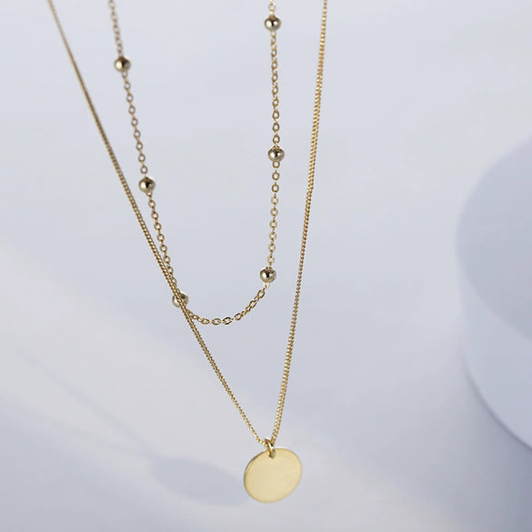 Women's 925 Sterling Silver Double Layer Geometric Round Pendant Necklace With Electroplated Finish Simple Choker Clavicle Chain