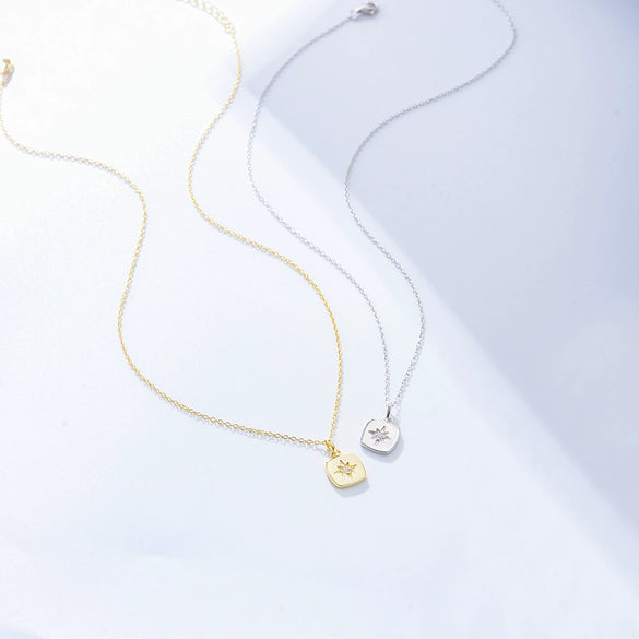 Women's Sterling Silver Eightpointed Star And Square Pendant Necklace With Diamond Design And Cross Chain Geometry Style