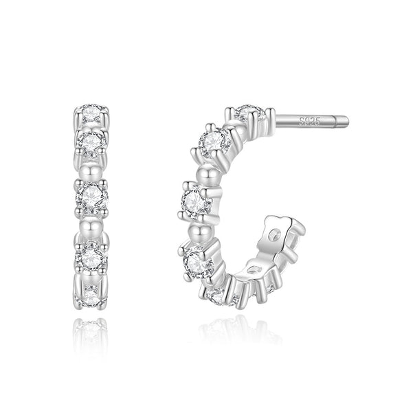 Women's 925 Sterling Silver Electroplated Cshaped Geometric Polka Dot Zircon Row Diamond Earrings