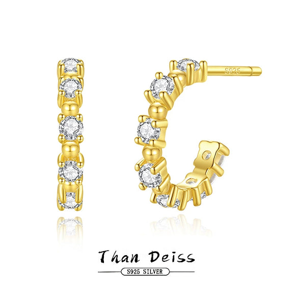 Women's 925 Sterling Silver Electroplated Cshaped Geometric Polka Dot Zircon Row Diamond Earrings