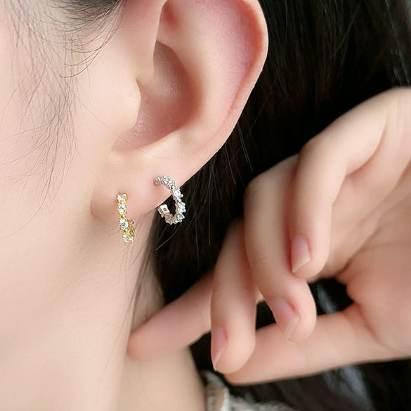 Women's 925 Sterling Silver Electroplated Cshaped Geometric Polka Dot Zircon Row Diamond Earrings