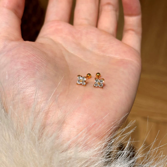Women's 925 Sterling Silver Electroplated Geometric And Flower Patterned Mini Earrings